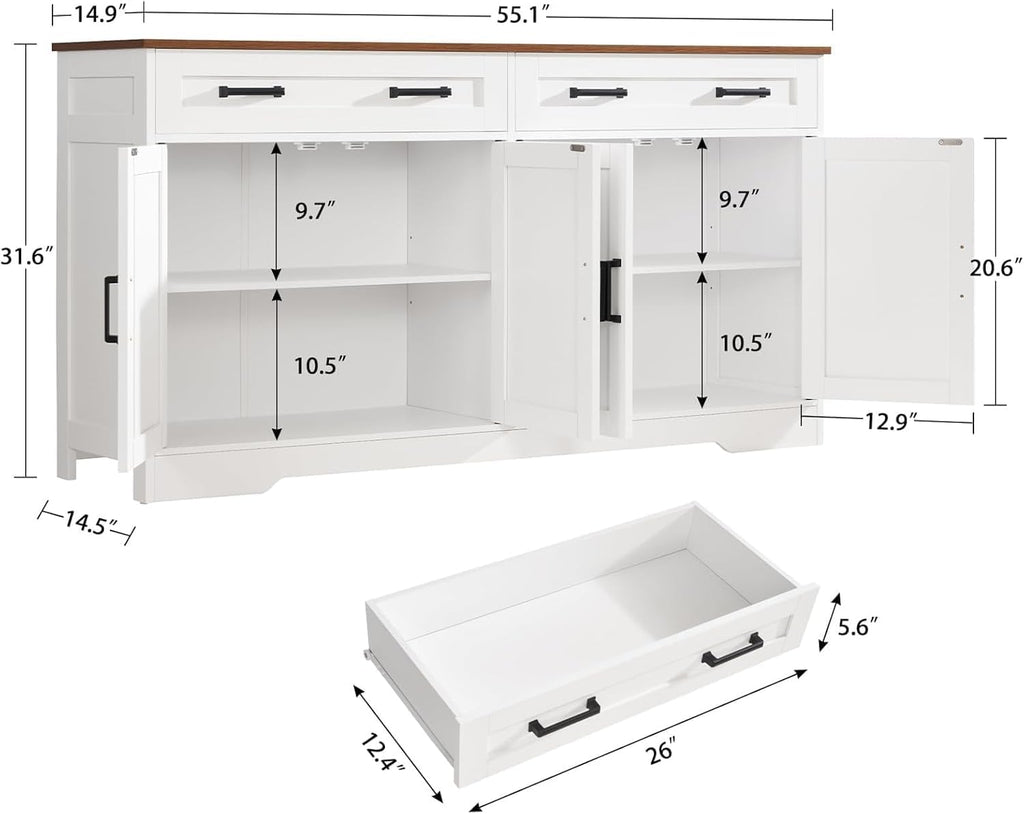 Sideboard Buffet Cabinet with Storage, 55.1" Large Kitchen Storage Sideboard with Drawers & Doors, Modern Wood Farmhouse Coffee Bar Cabinet, Buffet Table for Kitchen, Living Room, White, 55.1INCH