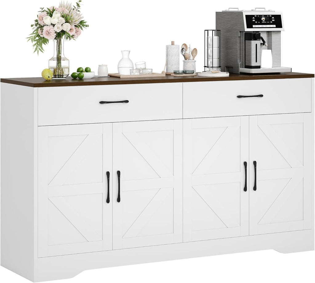 Buffet Cabinet with Storage and Drawers, 55" Large Sideboard Buffet Cabinet with Adjustable Shelves and Doors, Modern Coffee Bar for Kitchen, Living Room, White