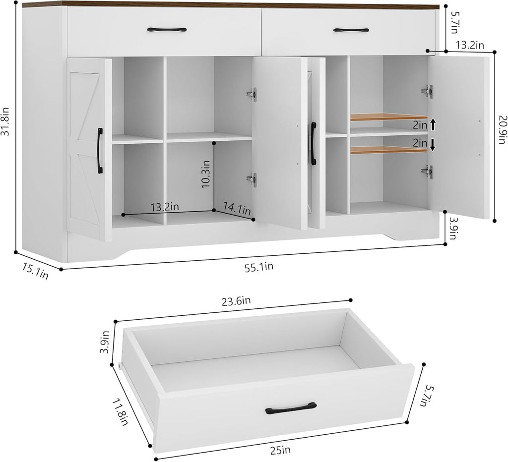 Buffet Cabinet with Storage and Drawers, 55" Large Sideboard Buffet Cabinet with Adjustable Shelves and Doors, Modern Coffee Bar for Kitchen, Living Room, White