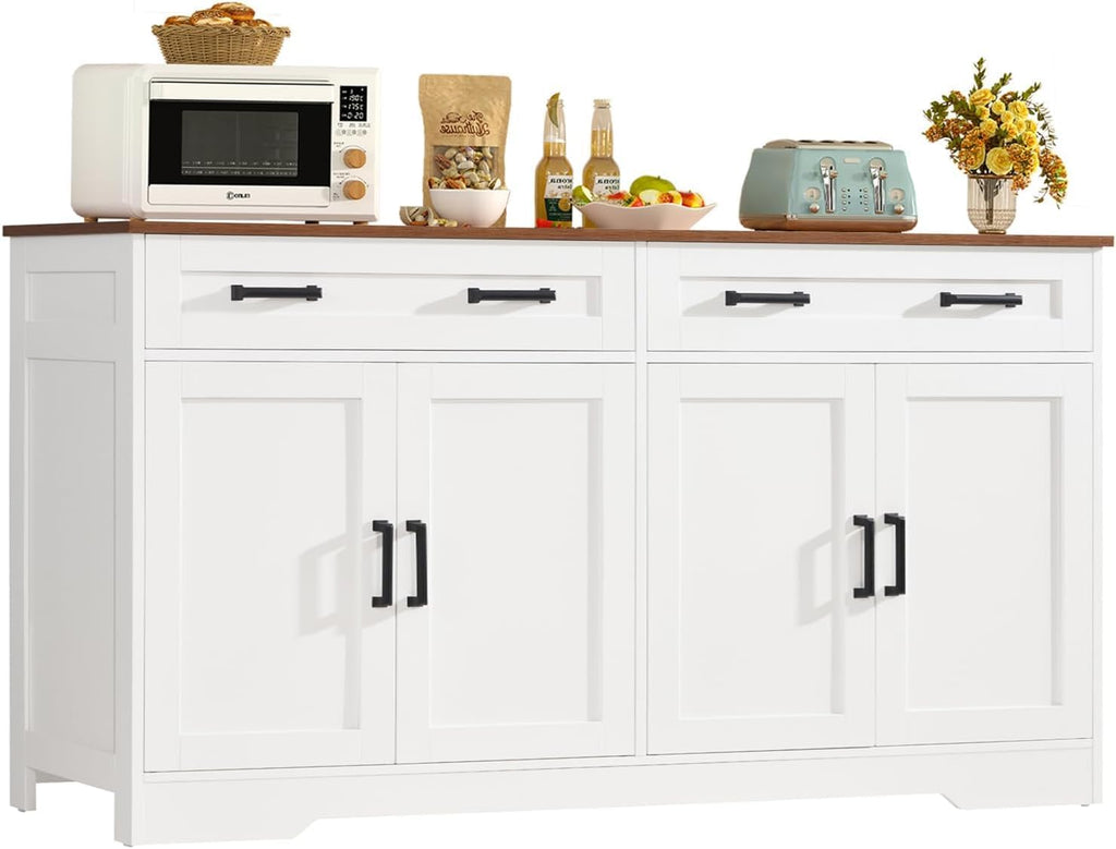 Sideboard Buffet Cabinet with Storage, 55.1" Large Kitchen Storage Sideboard with Drawers & Doors, Modern Wood Farmhouse Coffee Bar Cabinet, Buffet Table for Kitchen, Living Room, White, 55.1INCH