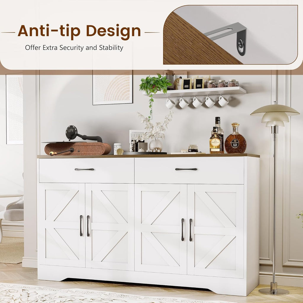 Buffet Cabinet with Storage and Drawers, 55" Large Sideboard Buffet Cabinet with Adjustable Shelves and Doors, Modern Coffee Bar for Kitchen, Living Room, White