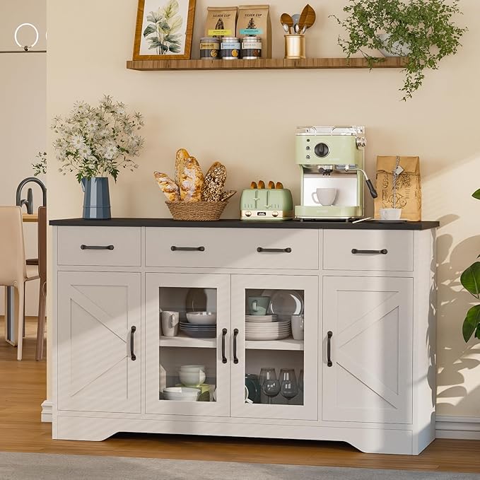Sideboard Buffet Cabinet with Storage, 55" Kitchen Coffee Bar Cabinet with 3 Drawers & Glass Doors, Farmhouse Sideboard Buffet Table with Adjustable Shelves for Living Room, Dining Room, White