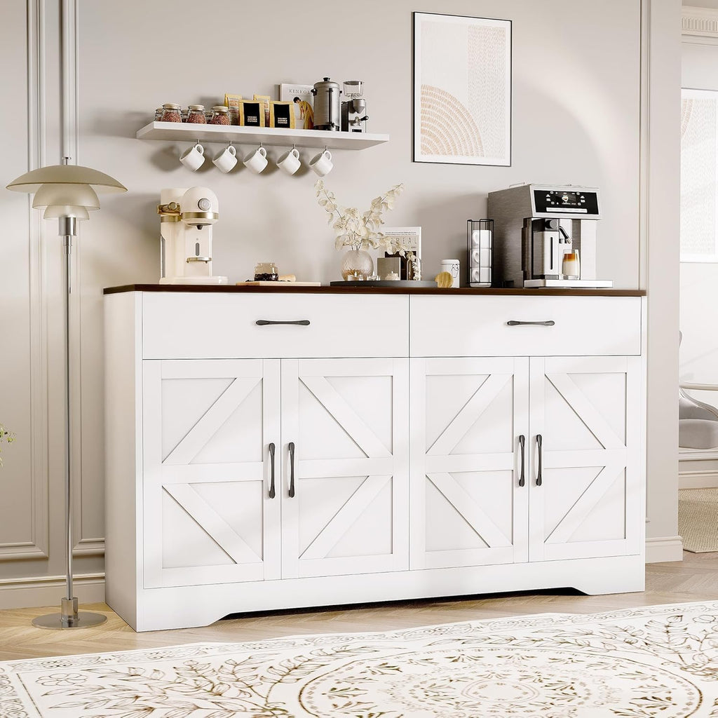 Buffet Cabinet with Storage and Drawers, 55" Large Sideboard Buffet Cabinet with Adjustable Shelves and Doors, Modern Coffee Bar for Kitchen, Living Room, White