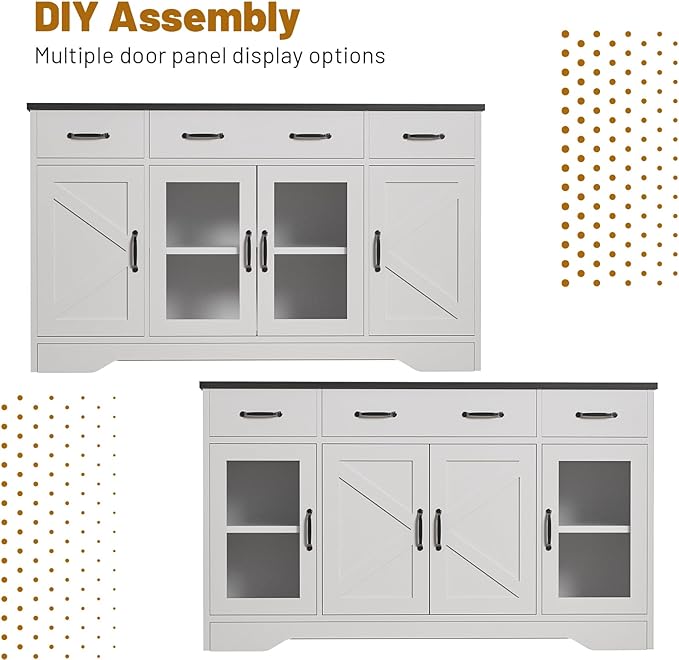 Sideboard Buffet Cabinet with Storage, 55" Kitchen Coffee Bar Cabinet with 3 Drawers & Glass Doors, Farmhouse Sideboard Buffet Table with Adjustable Shelves for Living Room, Dining Room, White