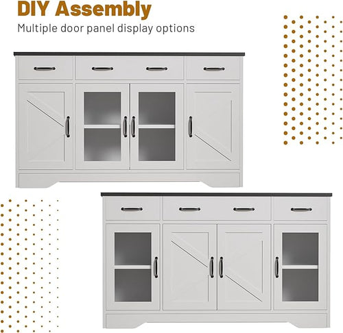 Sideboard Buffet Cabinet with Storage, 55" Kitchen Coffee Bar Cabinet with 3 Drawers & Glass Doors, Farmhouse Sideboard Buffet Table with Adjustable Shelves for Living Room, Dining Room, White