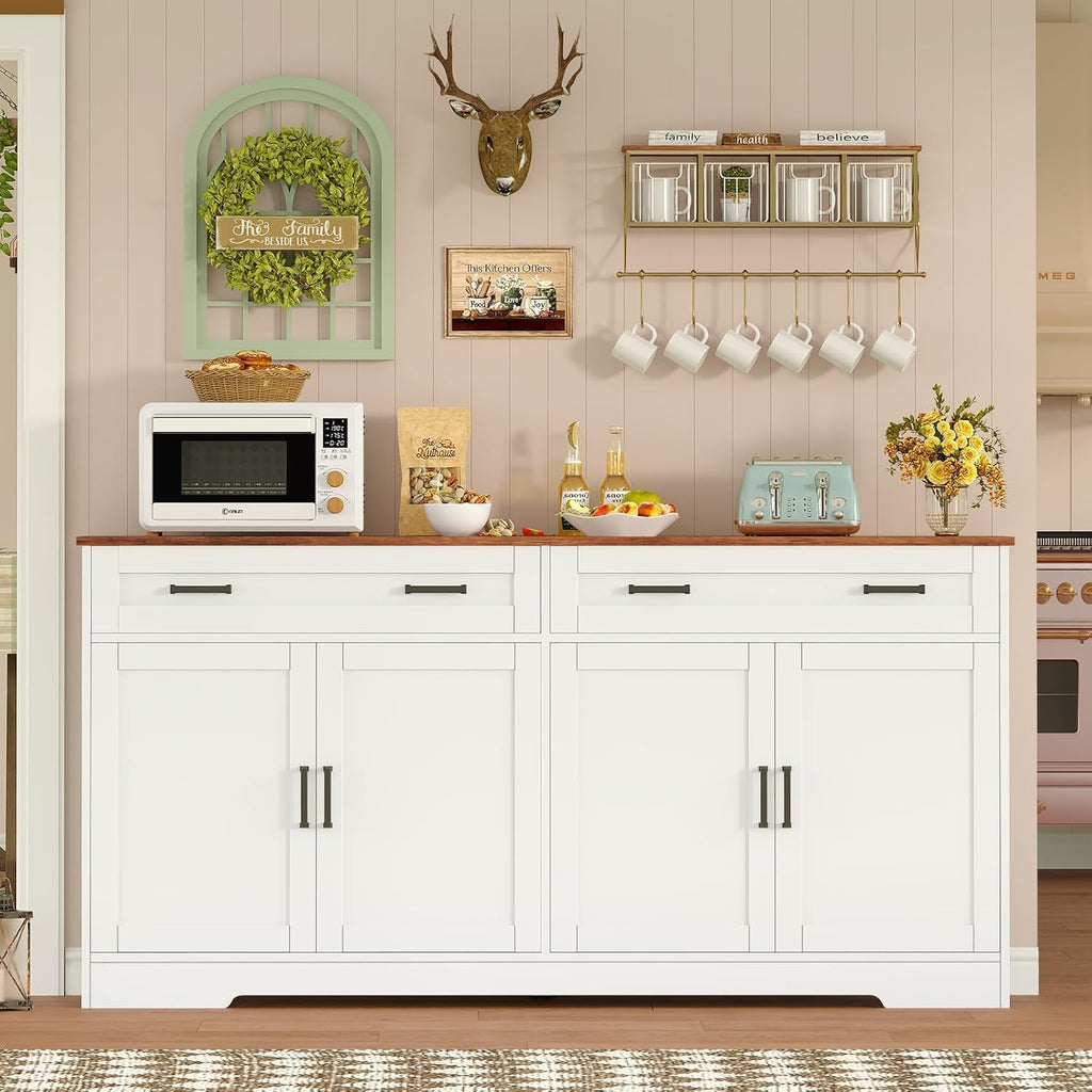 Sideboard Buffet Cabinet with Storage, 55.1" Large Kitchen Storage Sideboard with Drawers & Doors, Modern Wood Farmhouse Coffee Bar Cabinet, Buffet Table for Kitchen, Living Room, White, 55.1INCH