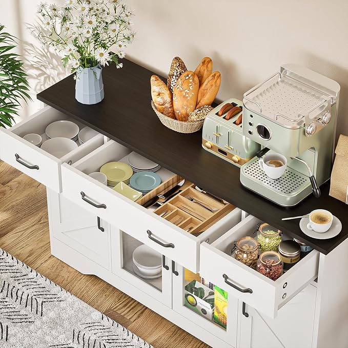 Sideboard Buffet Cabinet with Storage, 55" Kitchen Coffee Bar Cabinet with 3 Drawers & Glass Doors, Farmhouse Sideboard Buffet Table with Adjustable Shelves for Living Room, Dining Room, White