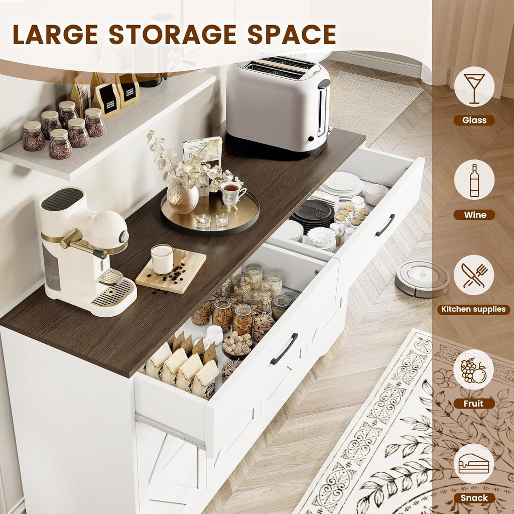 Buffet Cabinet with Storage and Drawers, 55" Large Sideboard Buffet Cabinet with Adjustable Shelves and Doors, Modern Coffee Bar for Kitchen, Living Room, White